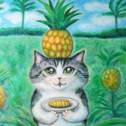 ハチワレ　花畑にて　手描き絵画 猫　絵画 原画「パイナップル畑のねこ」F10号 #絵画 #ねこ #猫 #サバ白
