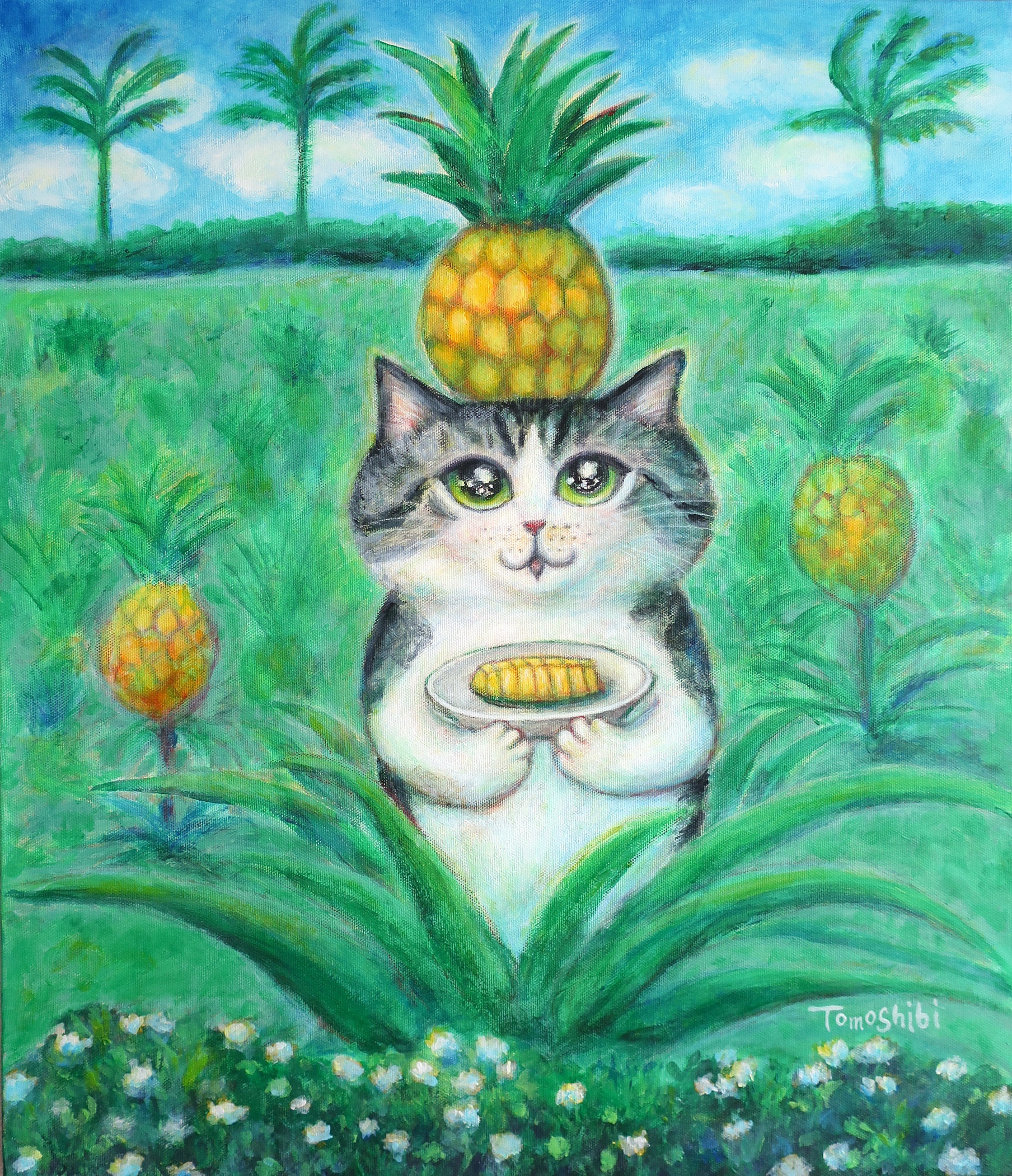 自作絵画 青い車でどこへ行こう 猫とうさぎの絵 夜空の