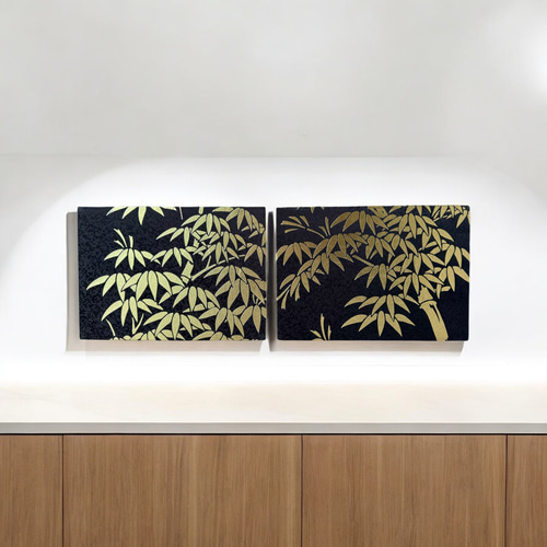 ◼︎060◼︎着物ファブリックパネル(2枚セット) 正絹 金彩 笹 竹