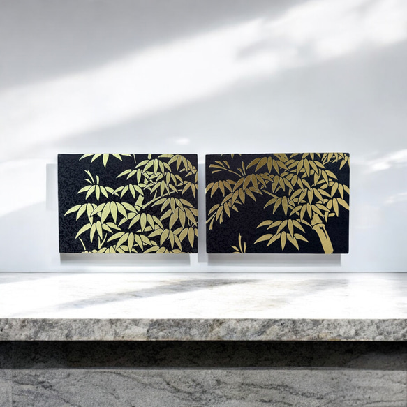 ◼︎060◼︎着物ファブリックパネル(2枚セット) 正絹 金彩 笹 竹