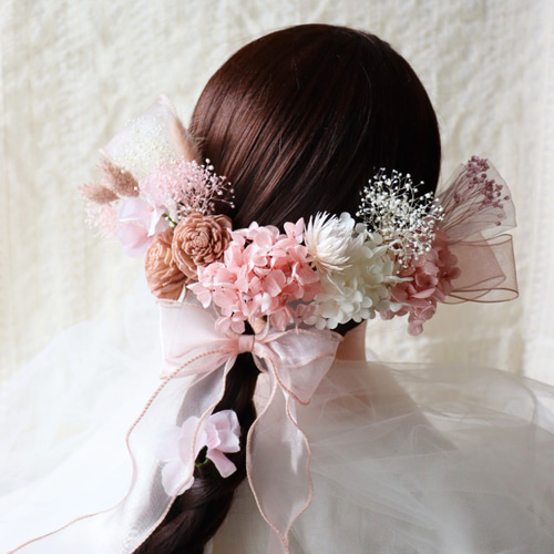 くすみピンクのお花とピンクのオーガンジーリボンの髪飾り 洋装や和装