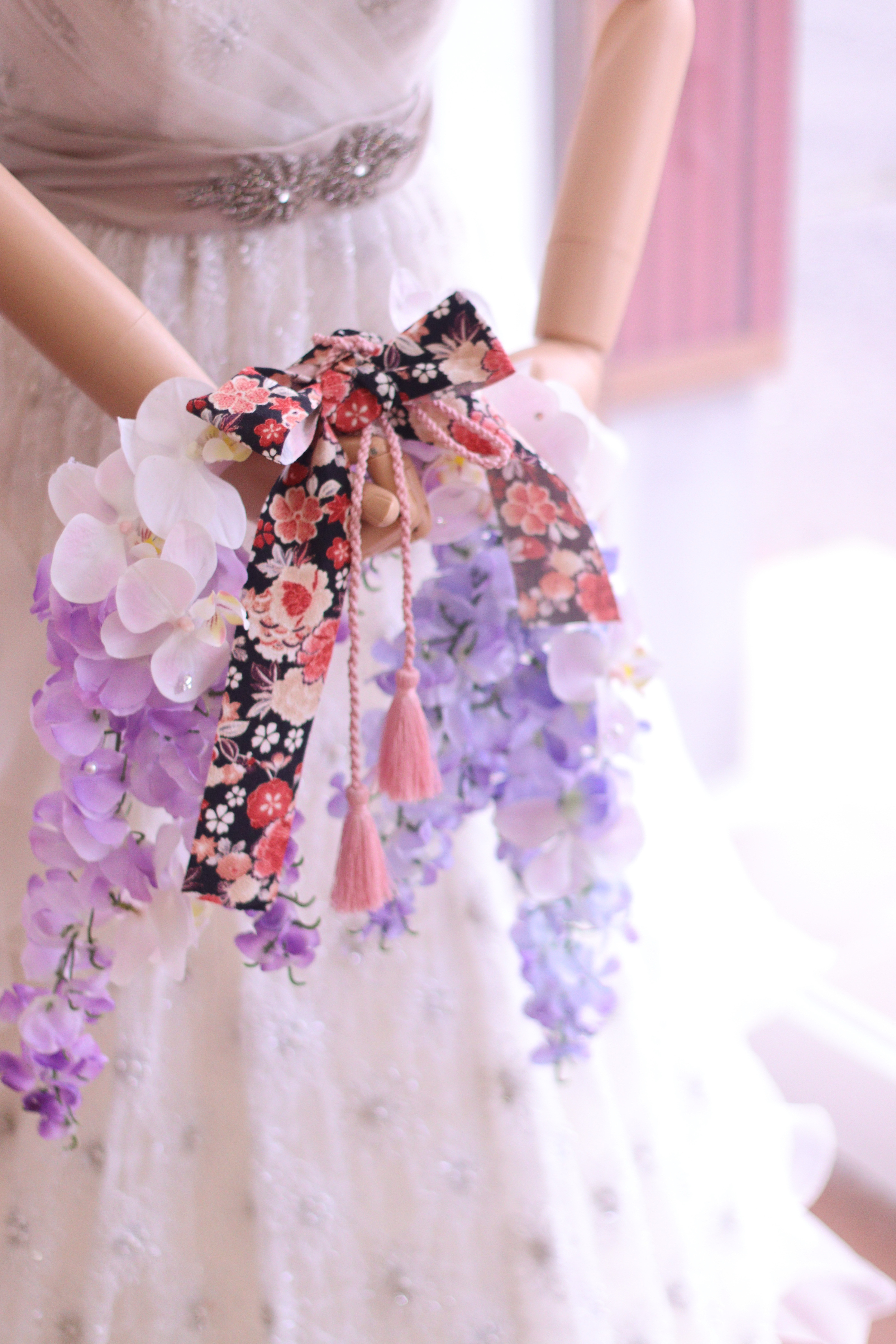 和柄×韓国バレリーナブーケ｜藤色×胡蝶蘭×和風リボン