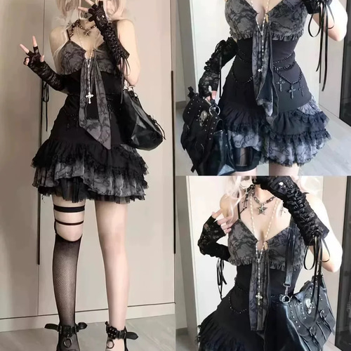病み系ゴシッククロスレースワンピース／レイヤードデザイン（ブラック