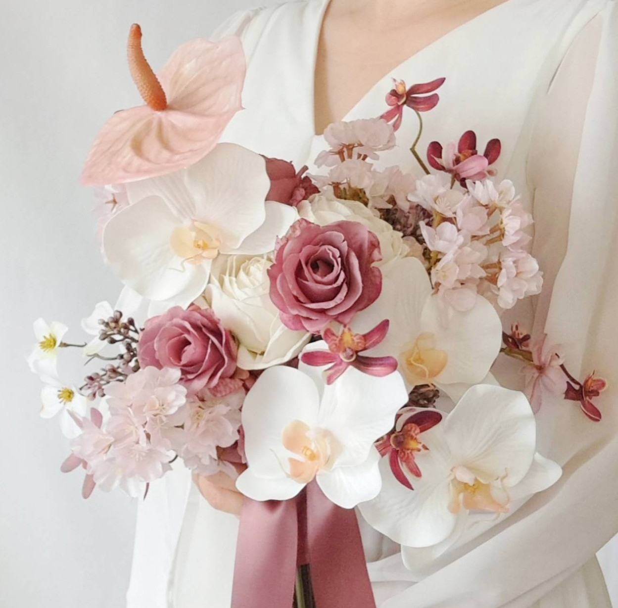 桜❀胡蝶蘭とローズのウェディングブーケ&ブートニア❀アーティフィシャルフラワー❀和装ブーケ❀白無垢ブーケ❀アンスリウム❀