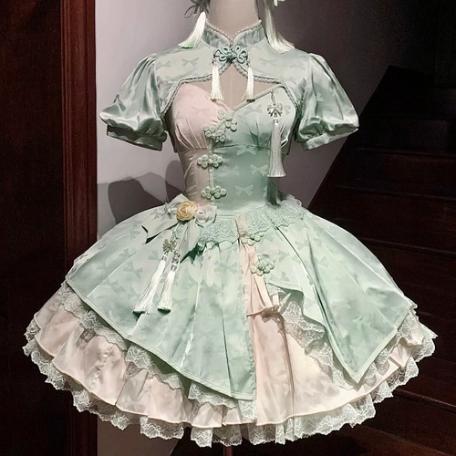 バレリーナ ロリータ ワンピース ドレス JSK ミントグリーン 姫 チャイナ×ロリータ ワンピースドレス（全4色）ブラック／ピンク