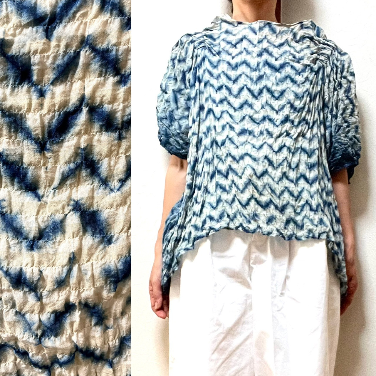 本藍染　きらめき絞りのコットンシャーリング　トップス