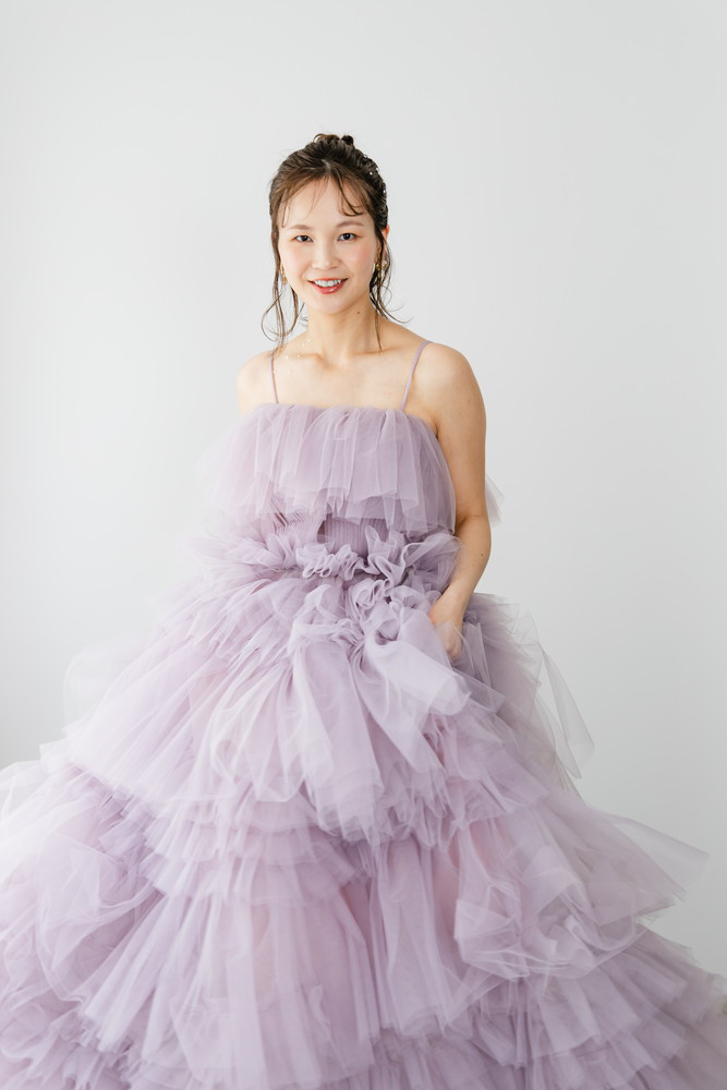 ウエディングドレス 前撮りドレス くすみカラー ボリュームドレス オフショル