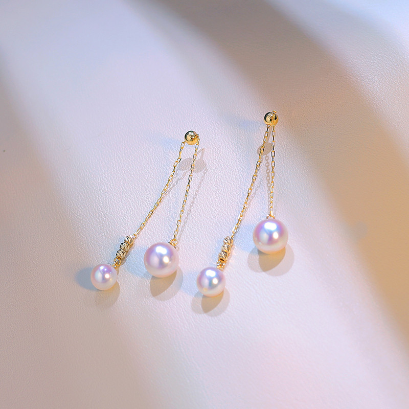 【La Corser】天然日本製4-8.5mmアコヤ海水ラウンドパールピアス 18Kゴールド 調節可能なデザイン 強い光気質のピ