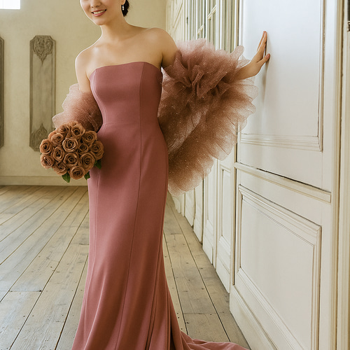 2waysくすみピンクカラードレス クレープ マーメイド ふわふわ