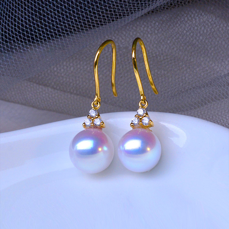 【La Corser】ナチュラルグレードの日本製7-9.5mmアコヤ天然海水真珠ピアス、耳かけピアス、18Kゴールドダイヤモンド