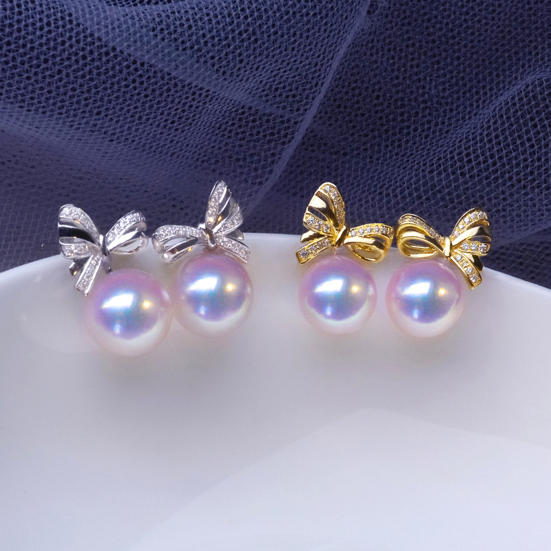 【ラコルセア】リボンデザイン 日本製 7-9.5mm アコヤ真珠 天然海水真珠 イヤリング 18Kゴールド 女神級の丸みと輝き