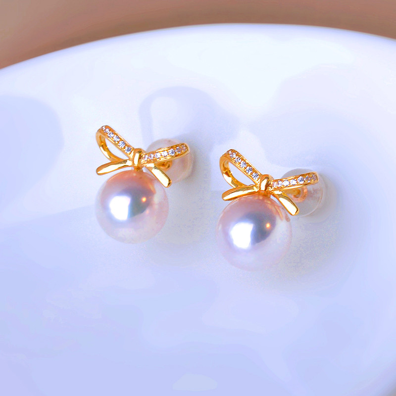 【La Corser】日本製 6.5-9.5mm アコヤ真珠 天然海水真珠 イヤリング リボンデザイン ラウンド型 明るい 18 7,372円