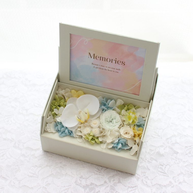 安らぎの気持ちを届けるフォトフレーム　ボックス　写真立て　ペット　プリザーブド　お供え　胡蝶蘭　花　メモリアル　虹の橋