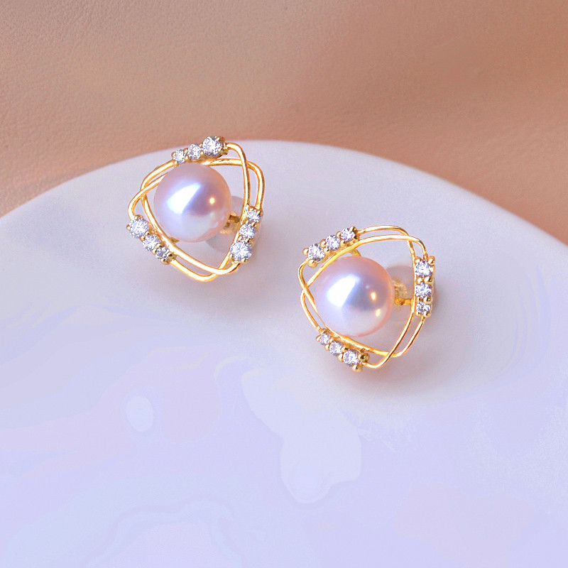 【La Corser】日本製7-9.5mmアコヤ天然海水真珠ピアス、丸くて明るい18Kゴールドピアス、シンプルで万能なピアス