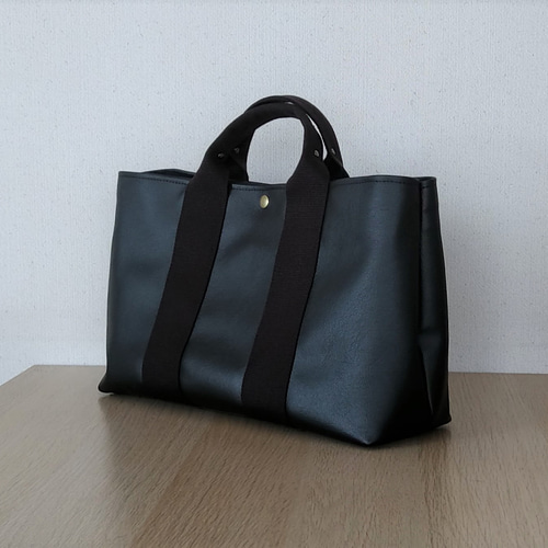 ⭐【横長トートバッグ】レザー×倉敷帆布（ブラック） トート