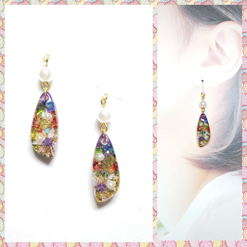 No.610-A シマエナガ☆お花☆パール☆レジンピアス・イヤリング(丸型