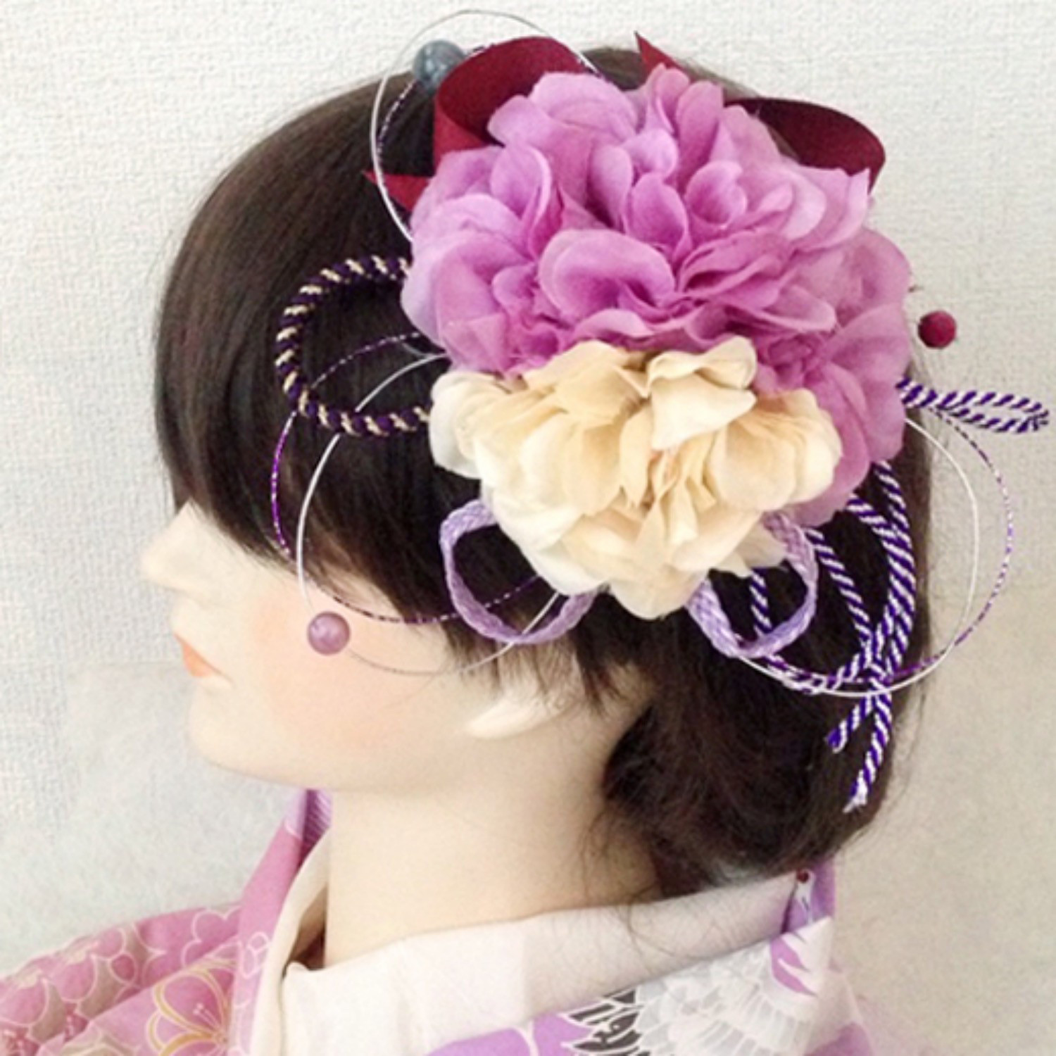 【送料無料】成人式　結婚式　ヘッドドレス  花　大正ロマン　なでしこのおめかし花鞠ボンネ B薄紫