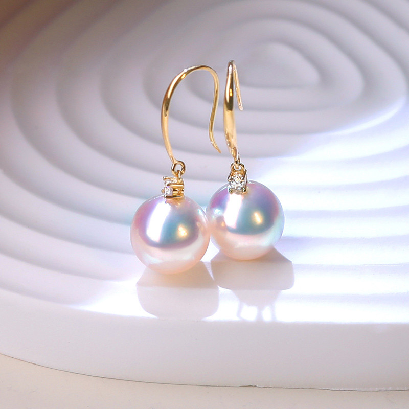 【La Corser】日本製7-9mmアコヤ天然海水真珠ピアス、非常に明るい、18Kゴールド、ダイヤモンドイヤーフックデザイン