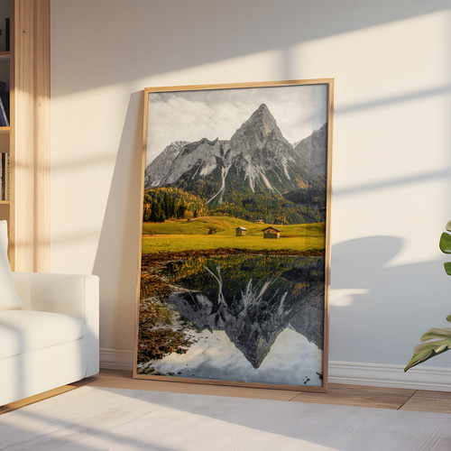 アートポスター 山と湖 風景 リフレクション グレー 黄緑 北欧風