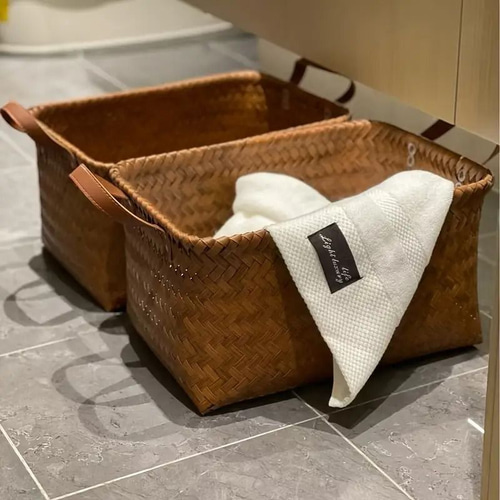 手織りの大きな長方形のラタンブラウン 2個セット 収納バスケット