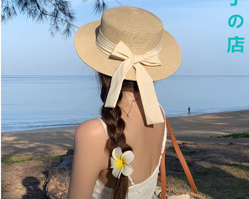 夏用日焼け防止リボン付き麦わら帽子海辺のボウ ビーチハットサンハット７色セット 大人かわいいリボンフラットトップ麦わら帽子。夏の海辺シルク