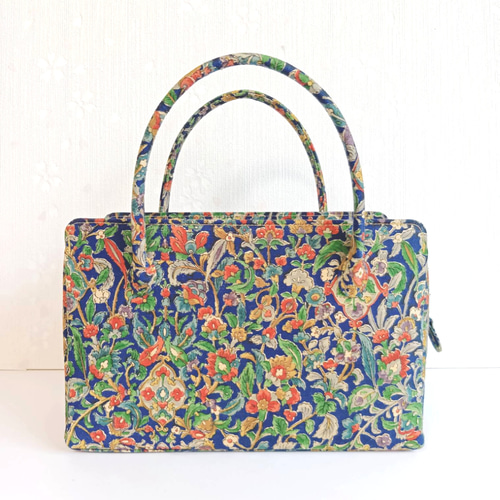 日本製 和装 利休バッグ 正絹 更紗小紋 ハンドバッグ ハンドメイド