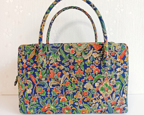 日本製 和装 利休バッグ 正絹 更紗小紋 ハンドバッグ ハンドメイド