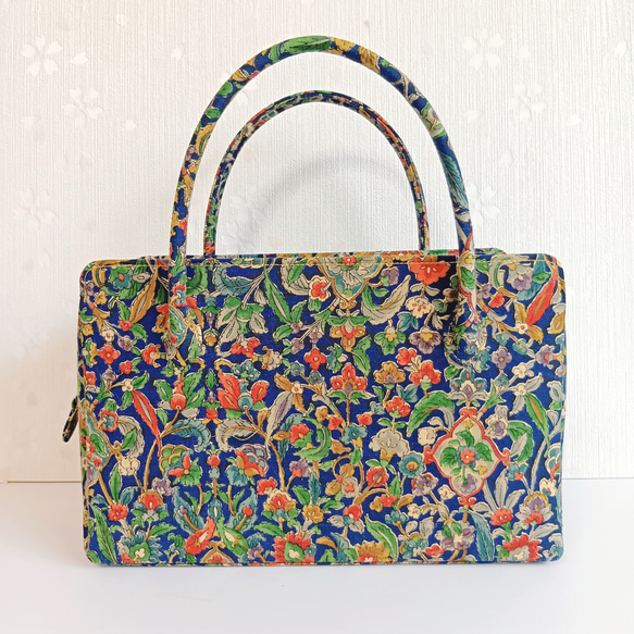 日本製 和装 利休バッグ 正絹 更紗小紋 ハンドバッグ ハンドメイド