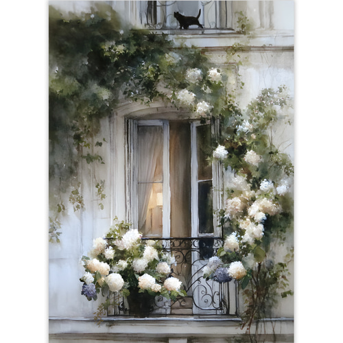 Paris【 パリ 紫陽花の咲く窓 水彩画 】 黒猫 インテリア アート