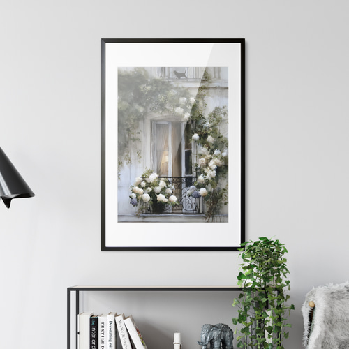 Paris【 パリ 紫陽花の咲く窓 水彩画 】 黒猫 インテリア アート