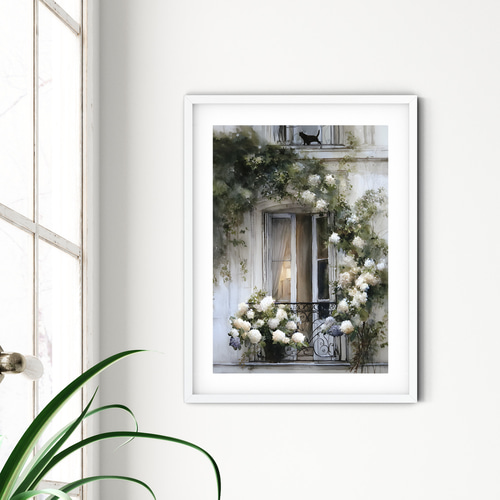 原画#3252 黒猫　紫陽花　雨　窓　フランス　水彩画　ドローイング　インテリア 原画#3252 黒猫 紫陽花 雨 窓 フランス 水彩画 ドローイング