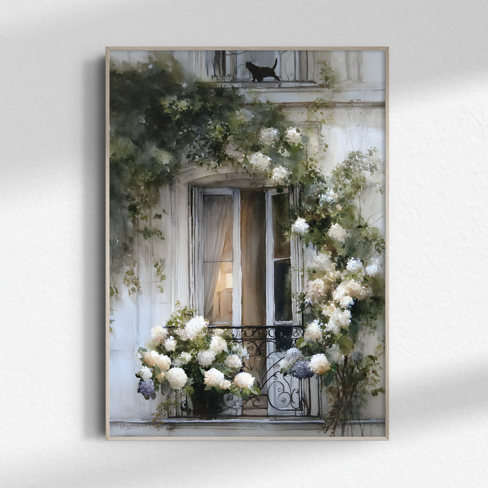 Paris【 パリ 紫陽花の咲く窓 水彩画 】 黒猫 インテリア アート