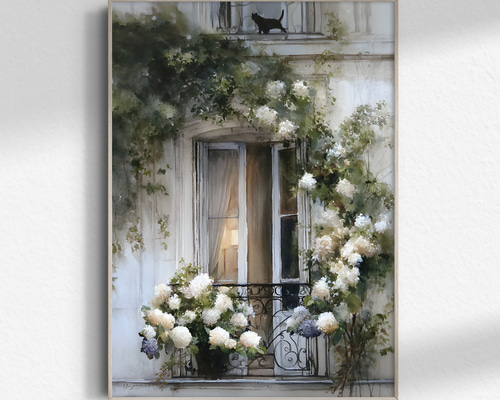 Paris【 パリ 紫陽花の咲く窓 水彩画 】 黒猫 インテリア アート