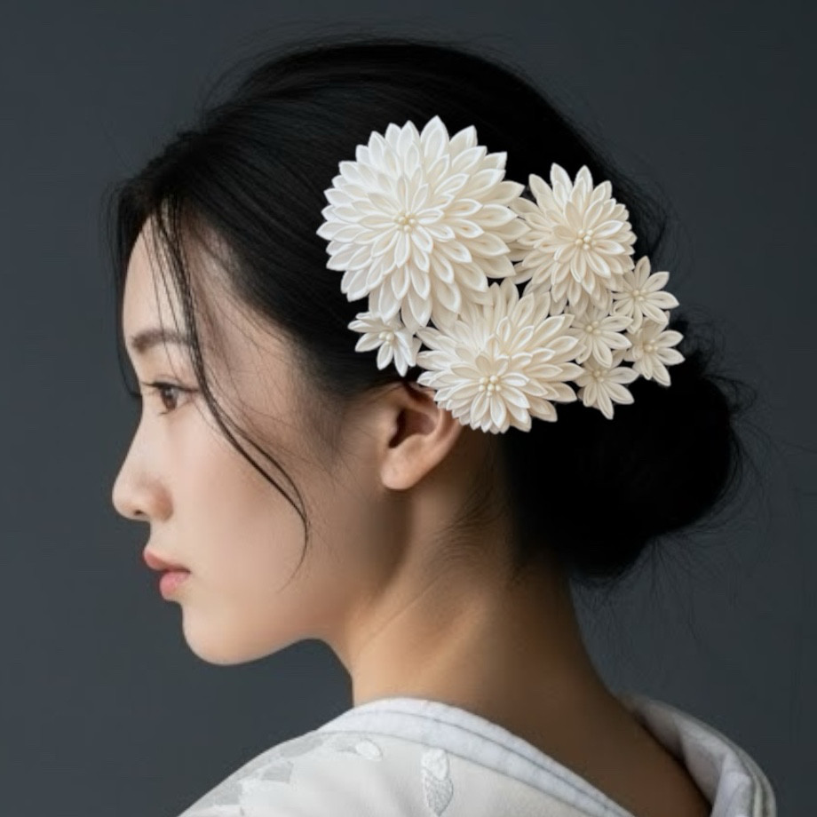 【白無垢のための特別な白】 純白のつまみ細工髪飾り 正絹 ｜和婚 結婚式 ウエディング 和装婚 花嫁 前撮り 上品 着物