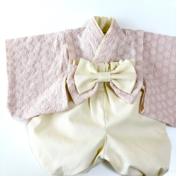 ベビー袴／完成品 即納70~80/女の子 レース刺繍薄くすみピンク 2枚目の画像