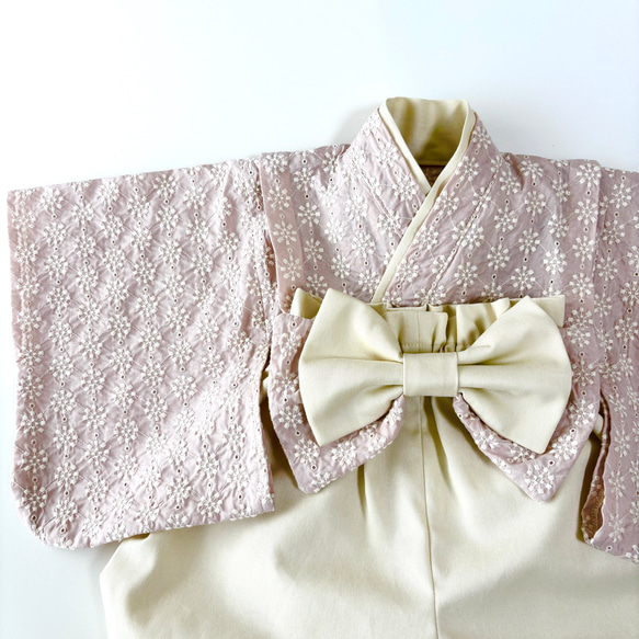 ベビー袴／完成品 即納70~80/女の子 レース刺繍薄くすみピンク 4枚目の画像
