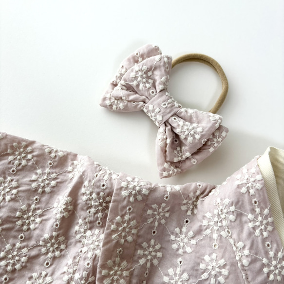 ベビー袴／完成品 即納70~80/女の子 レース刺繍薄くすみピンク 8枚目の画像