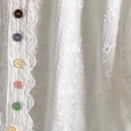 受注製作】綿100%.フル刺繍 カラーボタンブラウス シャツ July