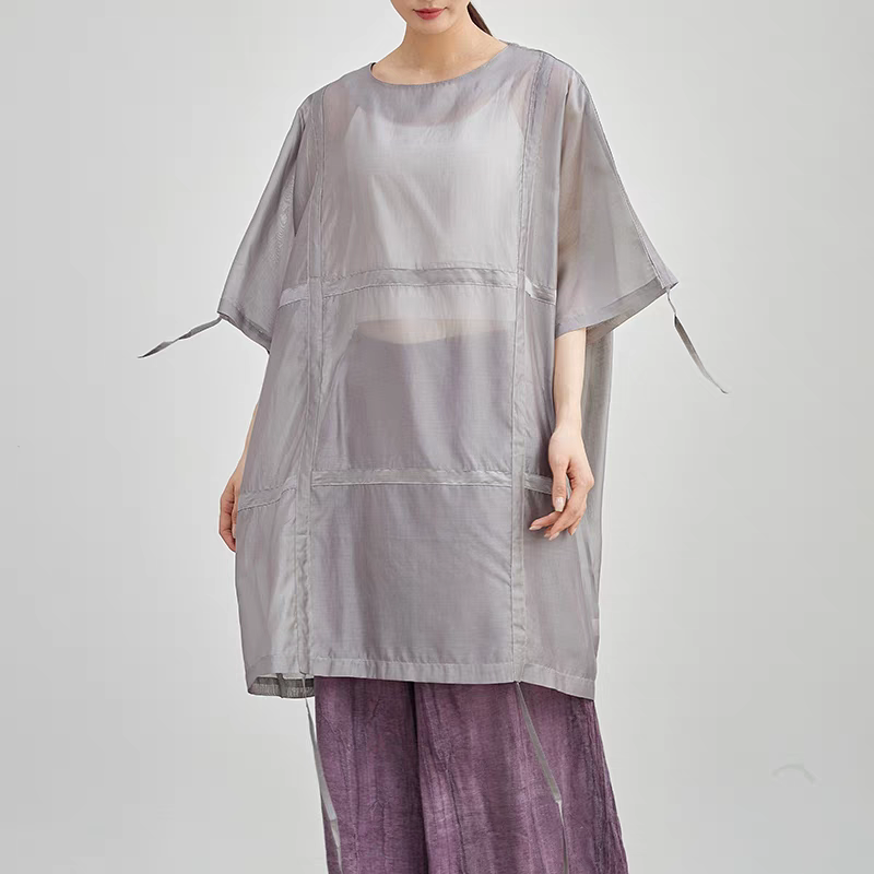 上品な透け感で揺れる紐が目を惹く♪半袖シアーコットンシャツ