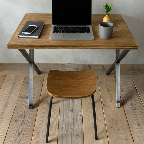 X脚テーブルが印象を引き締める】額縁装飾の無垢天板とクロス