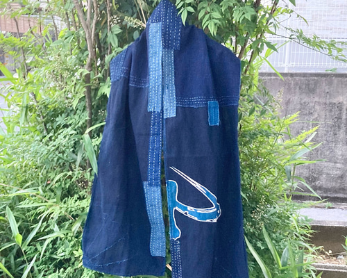 柿渋染め 藍染 リバーシブル コート 古布リメイク 暖簾リメイク 家紋 刺し子 柿渋染め 藍染 リバーシブル コート 古布リメイク 暖簾リメイク