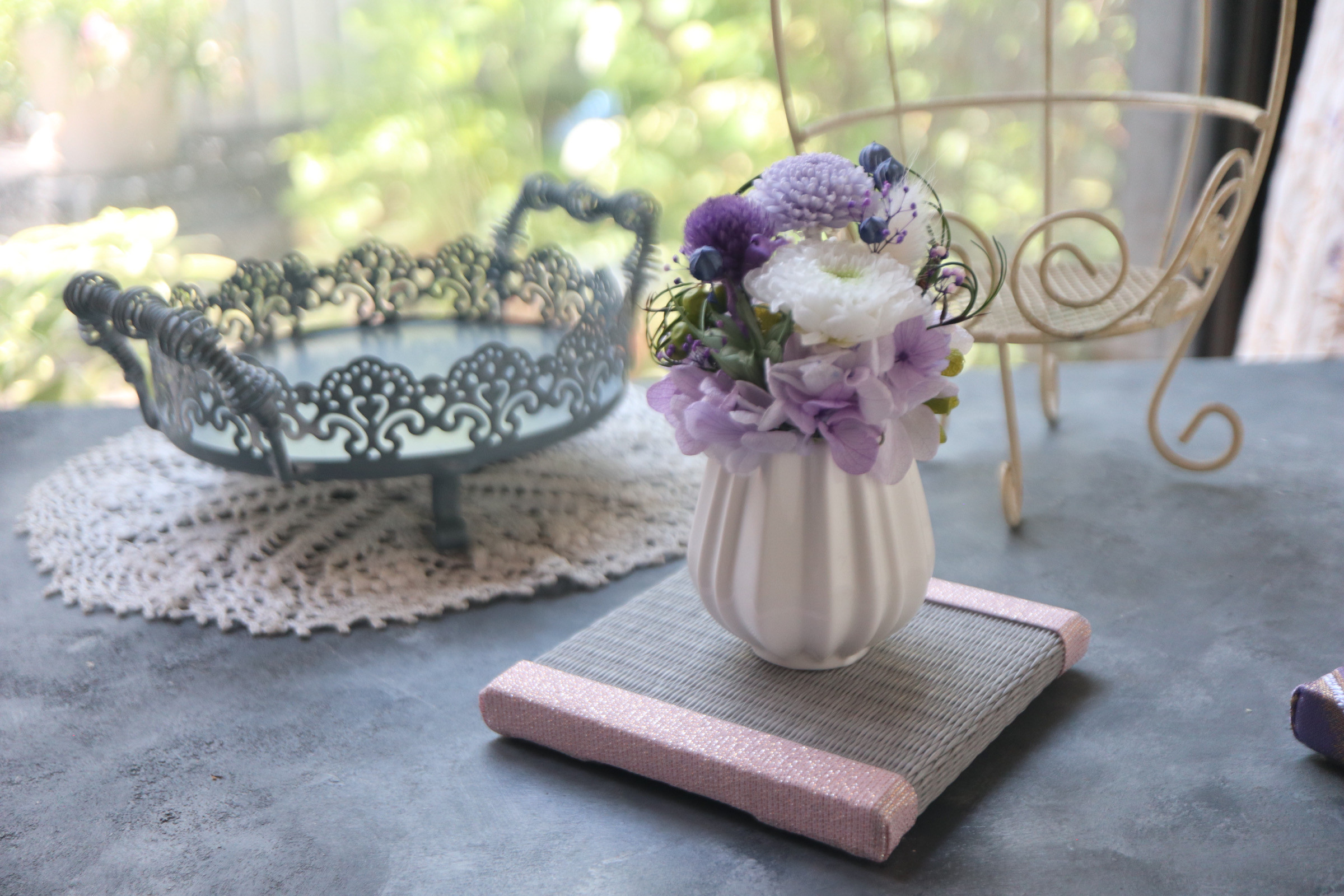 選べるミニ畳＊ミニ畳セット雫ss・可愛い和花で・ブルー【ペットお供え花・お供え花・プリザーブドフラワー仏花］受注制作