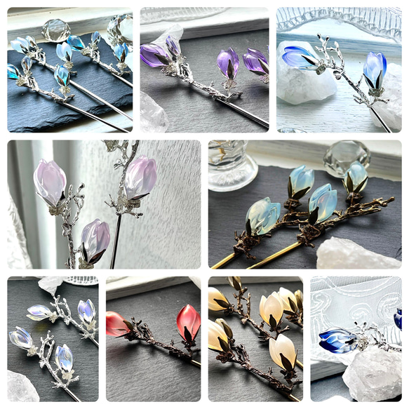 硝子木蓮の髪飾り（白オパール・赤紫、その他） 1枚目の画像