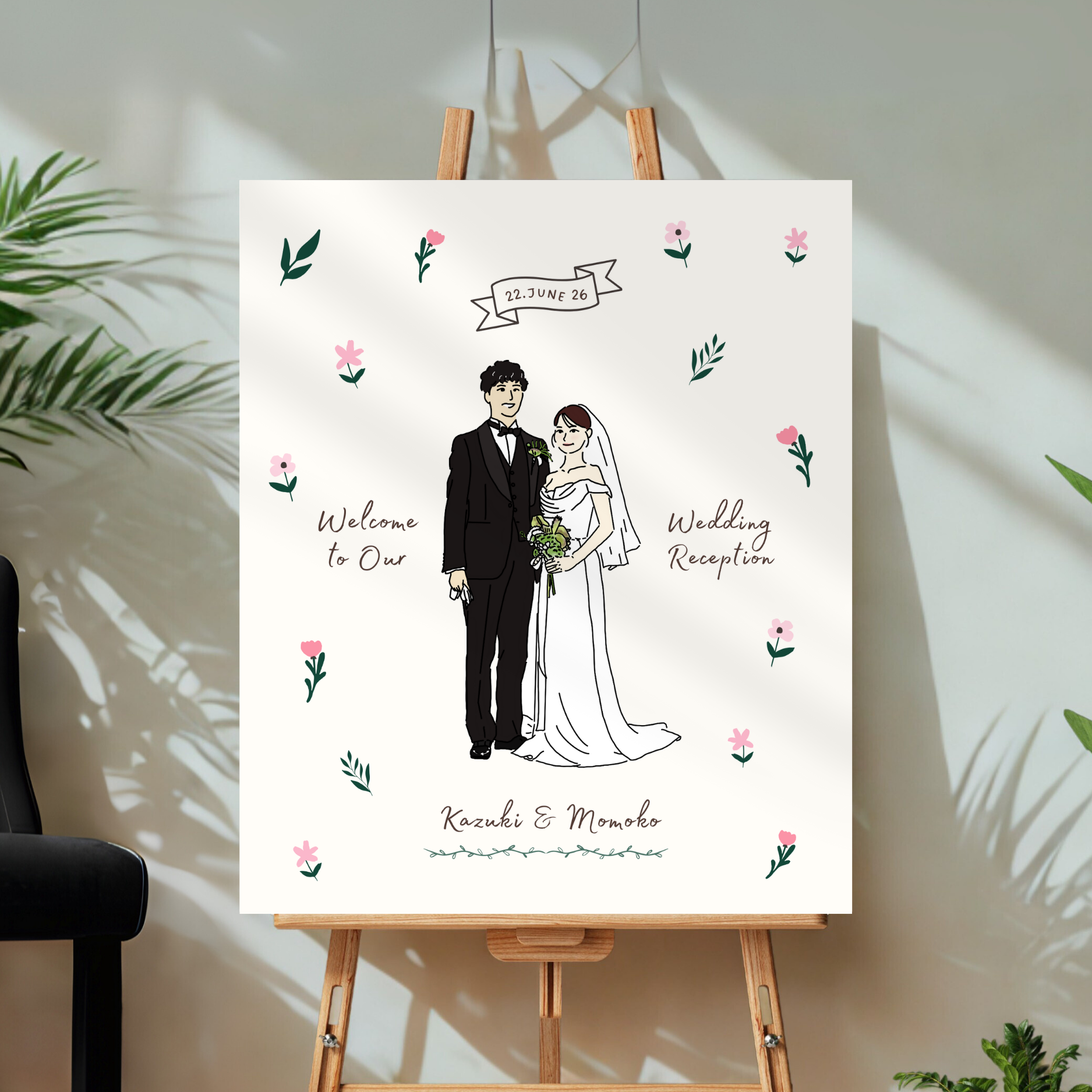 【オーダーメイド】似顔絵イラスト ウェルカムボード フラワー | 結婚式 海外 ウェディング