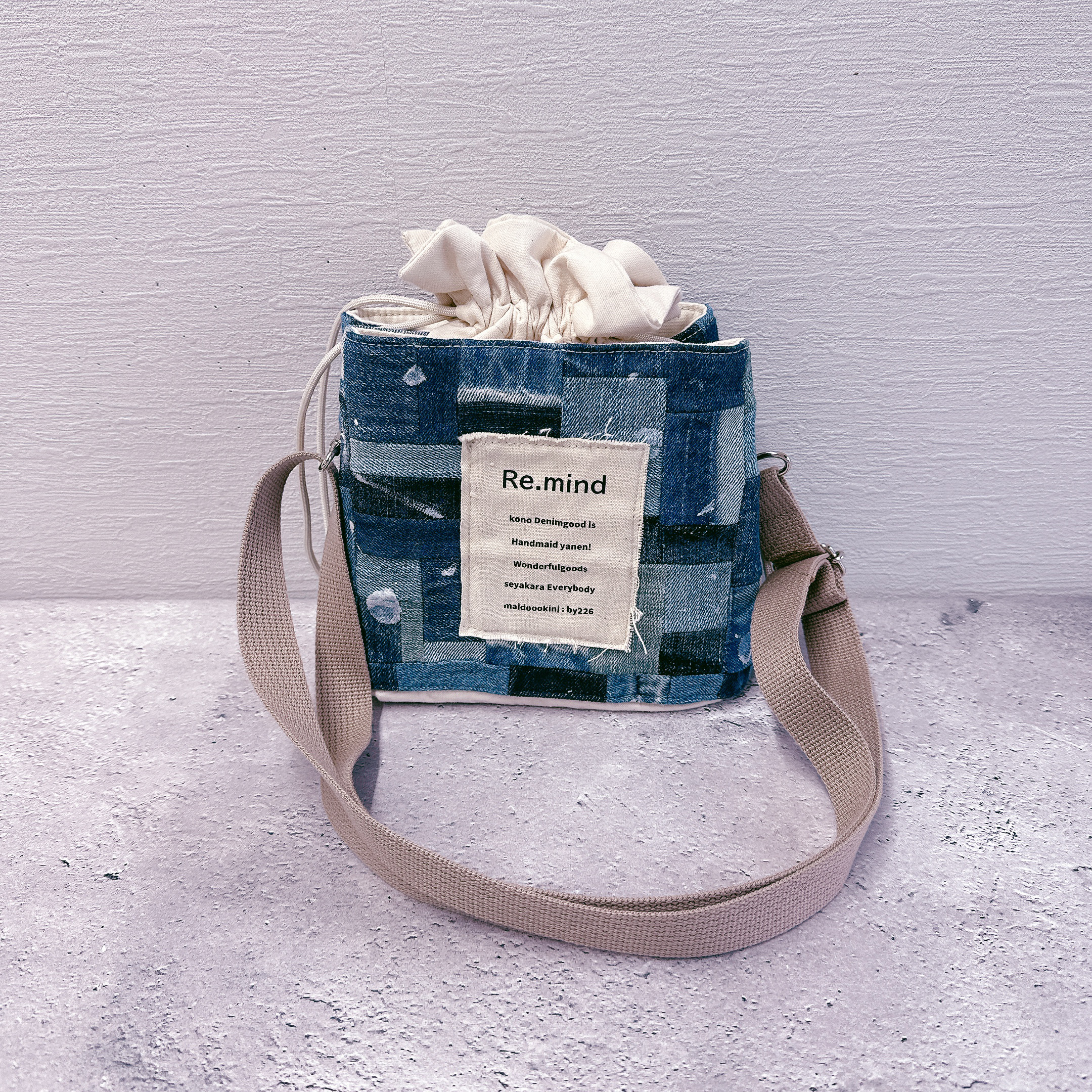 デニム巾着バッグ②　パッチワーク　スポット