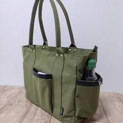 コーデュラナイロン×本革トートバッグL｜軽量＆撥水・13インチPC対応〈自立・多ポケット仕様〉カーキグリーン 10枚目の画像