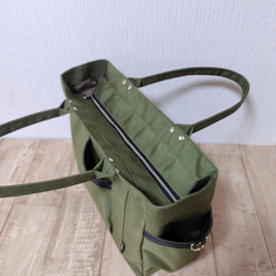 コーデュラナイロン×本革トートバッグL｜軽量＆撥水・13インチPC対応〈自立・多ポケット仕様〉カーキグリーン 8枚目の画像