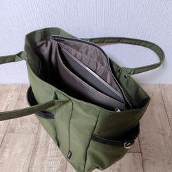 コーデュラナイロン×本革トートバッグL｜軽量＆撥水・13インチPC対応〈自立・多ポケット仕様〉カーキグリーン 6枚目の画像