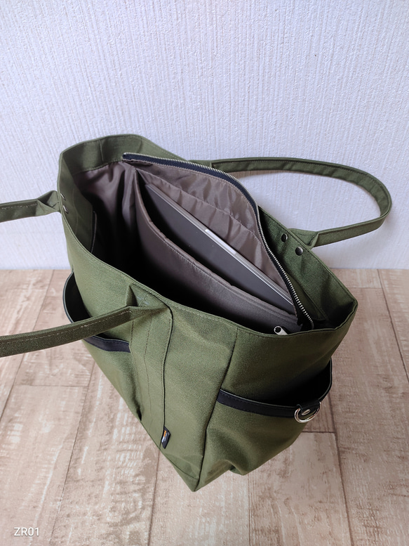 コーデュラナイロン×本革トートバッグL｜軽量＆撥水・13インチPC対応〈自立・多ポケット仕様〉カーキグリーン 6枚目の画像