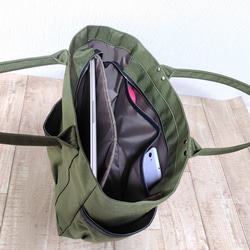 コーデュラナイロン×本革トートバッグL｜軽量＆撥水・13インチPC対応〈自立・多ポケット仕様〉カーキグリーン 5枚目の画像